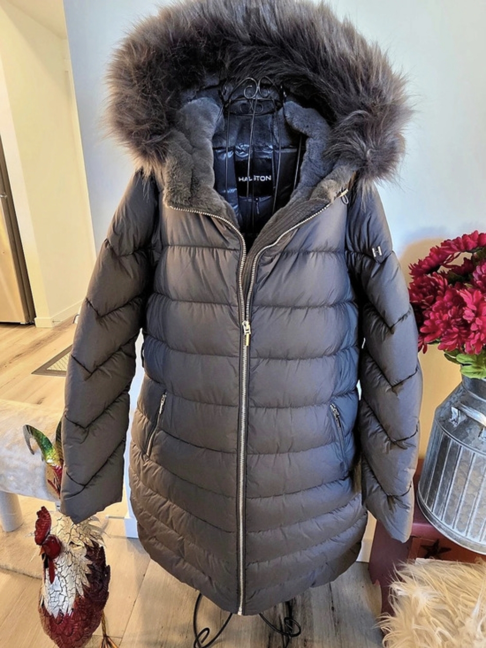 Halston Fur-Trim Hooded Puffer in Black Like New